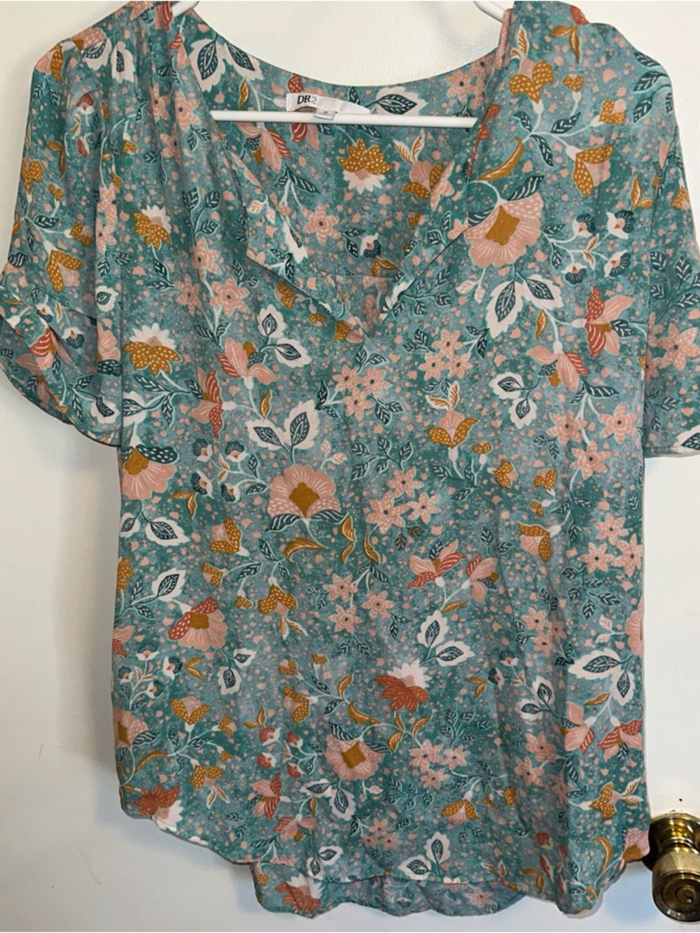 DR2 Floral V-Neck Short Sleeve Top - Teal & Pink